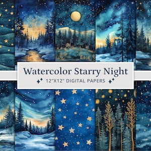 28 aquarel sterrennacht digitale papers, nachtelijke hemel textuur achtergrond, grillige Scandinavische sterrennacht, afdrukbaar plakboekpapier
