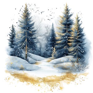 22 Watercolor Green and Gold Winter Forest Clipart, Winter Woodland, High-Quality JPGs, Winter Forest, Snowy Forest, Winter Wonderland