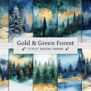 28 Watercolor Gold and Green Forest Digital Papers, Magical Mystery Forest, Fantasy, Woodland Cards, Printable, Junk Journal, Scrapbooking