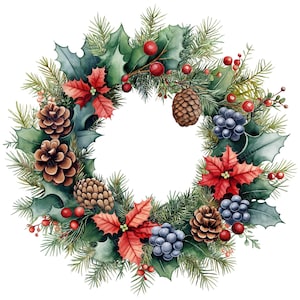 19 Watercolor Christmas Wreath Clipart, Christmas Decoration, Christmas Frame, Digital Download, Transparent PNGs