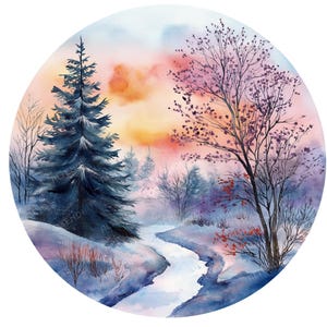 26 Round Watercolor Winter Scene Clipart, Winter Scene PNG, Winter Woodland Clipart, Winter Background Clipart, Winter Woodland PNG