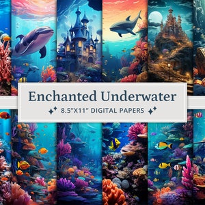 May include: A set of 8.5" x 11" digital papers featuring an underwater scene with a castle, dolphins, fish, coral, and a treasure chest. The papers are titled "Enchanted Underwater".