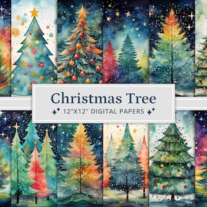36 papiers numériques aquarelle sapin de Noël fantaisiste, pages d'arbre de Noël, journal indésirable, scrapbooking, fabrication de cartes, téléchargement numérique