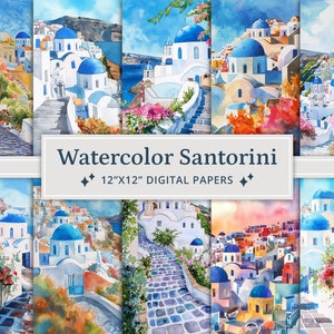 21 aquarel Santorini digitale papers, Santorini Griekenland, afdrukbare digitale papers, afdrukbaar landschap, zonnig landschap, blauwe zee, blauwe lucht