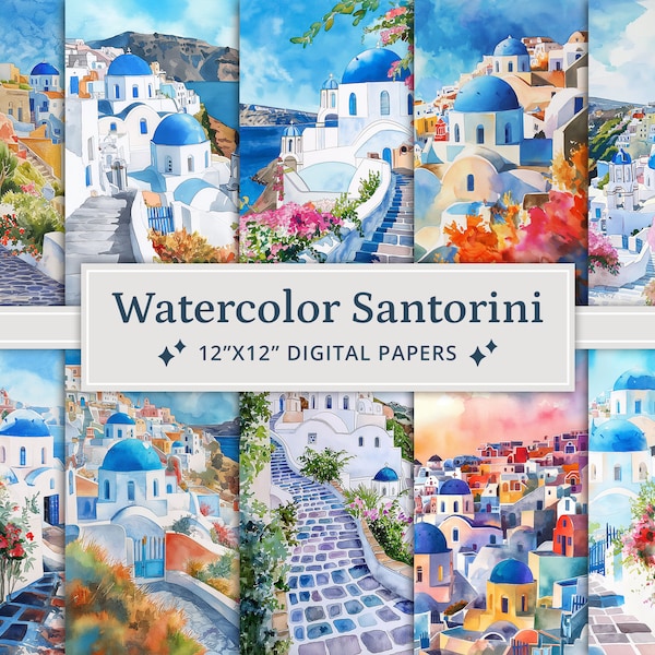 21 aquarel Santorini digitale papieren, Santorini Griekenland, afdrukbare digitale papieren, afdrukbare landschap, zonnig landschap, blauw water, blauwe lucht