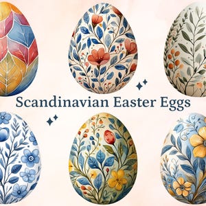 32 huevos de Pascua escandinavos en acuarela PNG, fondo transparente, imágenes prediseñadas de huevos de Pascua, huevos de Pascua pintados a mano, imágenes prediseñadas de Pascua imprimibles