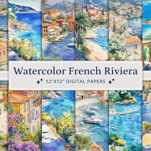 18 aquarel Franse Rivièra digitale papers, Côte d'Azur, Frankrijk, afdrukbare digitale papers, afdrukbaar landschap, zonnig landschap, blauw water