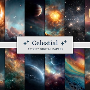 40 Celestial Digital Papers, sterrennacht, nachtelijke hemel textuur achtergrond, Galaxy plakboek, ruimte, zon, afdrukbaar plakboek