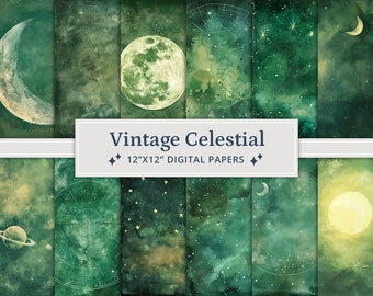 32 Watercolor Vintage Celestial Digital Papers, Printable Scrapbook Paper, Galaxy Scrapbook Paper, Watercolor Textures, Zodiac Digital Paper