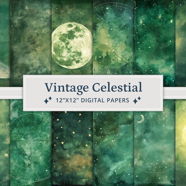 32 Watercolor Vintage Celestial Digital Papers, Printable Scrapbook Paper, Galaxy Scrapbook Paper, Watercolor Textures, Zodiac Digital Paper