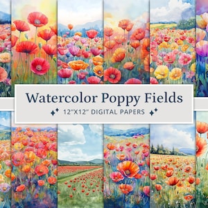 27 Aquarell Mohn Felder, Digitale Papiere, Floral Junk Journal Kit, Mohn Scrapbook Papier