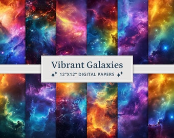 Può includere: Un set di 12 carte digitali con galassie vibranti in tonalità di blu, viola, arancione e giallo. Ogni carta misura 30,5 cm x 30,5 cm.