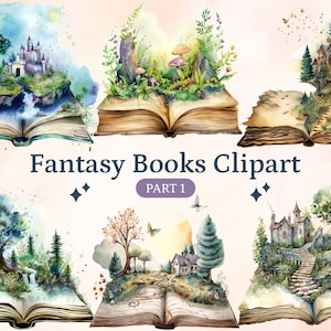 25 png aquarel fantasy boeken clipart, open boek illustraties, boekenbundel png, vintage boek clipart, oude boeken, magische boeken clipart