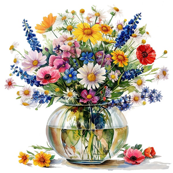 18 aquarel vazen met wilde bloemen, wilde bloemen in vaas, hoge kwaliteit JPG's, vaas met bloemen, wilde bloemenvaas, kleurrijke wilde bloemen