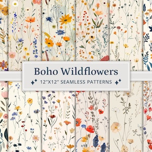 30 carte digitali senza soluzione di continuità con fiori selvatici in stile boho, motivo senza soluzione di continuità con fiori selvatici, carte digitali con fiori selvatici stampabili, carta con fiori selvatici