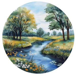 23 PNG Round Watercolor Spring Landscape Clipart, Spring Scene PNG, Wildflowers, Trees, Creek, Summer, Flowers, Spring Landscape PNG