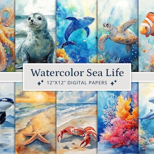 45 aquarel Sea Life digitale papers, zeelandschap, oceaanlandschap, zeedieren, strand, ongewenste tijdschriften, scrapbooking, digitale download