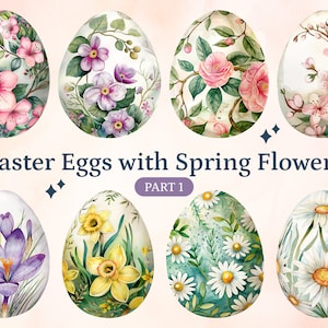 36 PNG Huevos de Pascua de acuarela con flores de primavera, Clipart de huevos de Pascua, Huevos de Pascua pintados a mano, Huevos de Pascua florales, Huevos de Pascua PNG