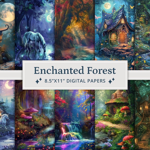 35 Fantasy Enchanted Forest Digital Papers, Magical Mystery Forest Digital Paper, Woodland Cards, Printable, Junk Journal, Scrapbooking