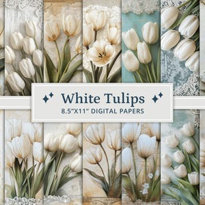 26 Shabby Chic Witte Tulpen Junk Journal Paper Pack, Vintage Shabby Chic Ephemera Kit, Romantisch Scrapbookpapier, Afdrukbare digitale pagina's