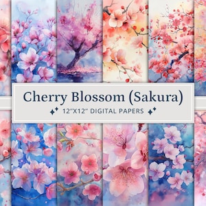 24 digitale papieren aquarelkersenbloesem, sakura, bloemencollagepapierpakket, Floral Junk Journal Kit, romantisch plakboekpapier