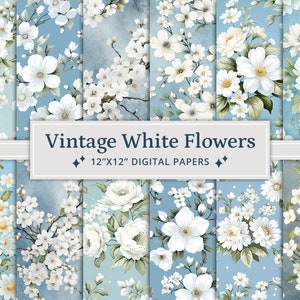 32 Vintage White Flowers Digital Paper, Shabby Chic Floral Digital Paper, Floral Collage Paper Pack, Shabby Chic Floral Junk Journal Kit