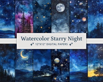 35 Watercolor Starry Night Digital Papers, Night Sky Texture Background, Galaxy Scrapbook Paper, Printable Scrapbook Paper
