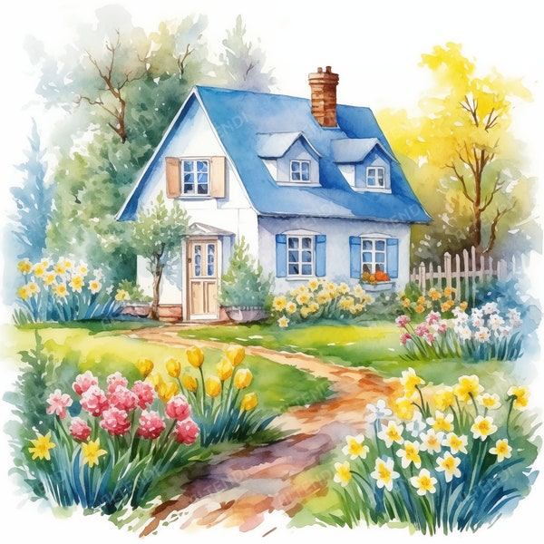 20 aquarel lentetuinen clipart, lentetuin, landhuis, cottage, lente bloemensublimatie, hoogwaardige JPG's, afdrukbaar