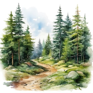 以下が含まれることがあります： 高い緑色の松の木が立ち並ぶ森の中を蛇行する小道の水彩画。小道は土でできており、森の中の空き地へと続いている。