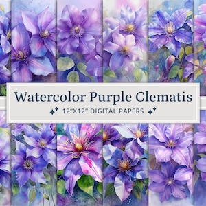 23 digitale papieren aquarel paarse clematis, bloemencollagepapierpakket, Floral Junk Journal Kit, romantisch plakboekpapier