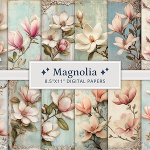 Paquete de 30 papeles para diario basura con diseño de magnolia y estilo shabby chic, kit de efímeras shabby chic vintage, papel romántico para álbumes de recortes, páginas digitales imprimibles