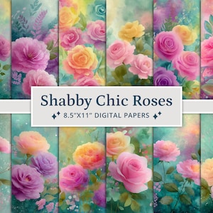 28 papeles digitales de acuarela con rosas shabby chic, paquete de papel para diario basura, kit de efímeras shabby chic, papel romántico para álbumes de recortes, rosas rosas