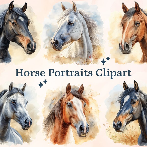 15 PNG aquarel paarden clipart, paard portret, paard clipart, paardenhoofd, digitale download, sublimatie, ongewenste tijdschriften, transparante PNG