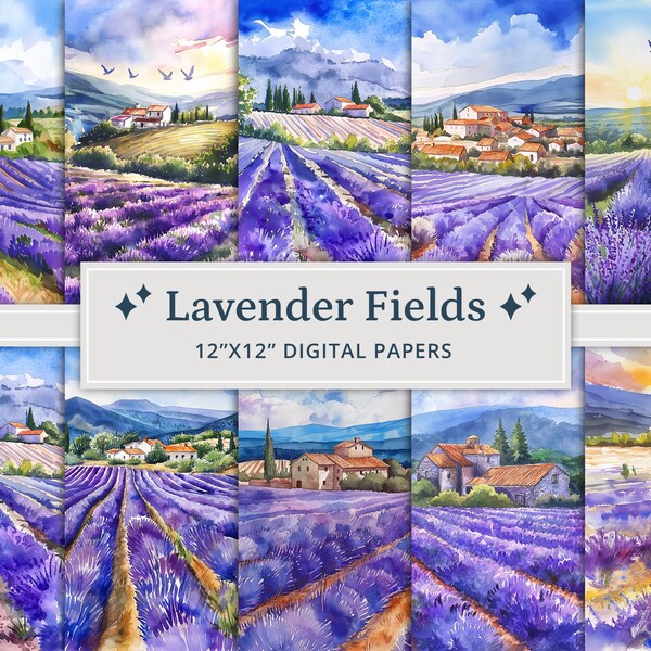 23 Watercolor Lavender Fields, Lavender Fields Provence France, Printable Digital Papers, Printable Scenery