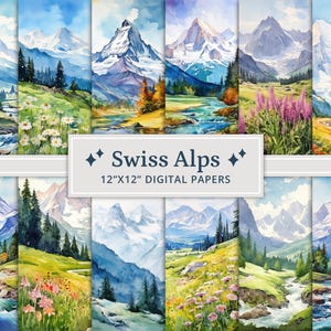Watercolor Swiss Alps Digital Paper Set (12x12, 300 DPI) (Digital Download)