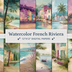 27 papéis digitais para aquarela da Riviera Francesa, Côte d'Azur, França, papéis digitais para impressão, cenário para impressão, paisagem ensolarada, vintage