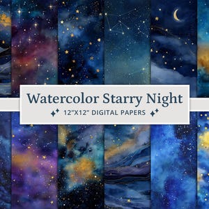 40 digitale papieren aquarel sterrennacht, textuur achtergrond nachtelijke hemel, Galaxy plakboek, afdrukbaar plakboek
