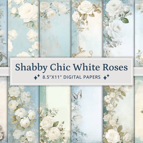 30 Shabby Chic White Roses Junk Journal Paper Pack, Vintage Shabby Chic Ephemera Kit, Romantisch Scrapbook Papier, Afdrukbare Rose Digitale Pagina's