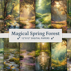 21 papiers numériques Forêt printanière magique, Paysages printaniers à imprimer, Scènes de forêt printanière, Forêt florale, Papier forêt printanière, Ruisseau