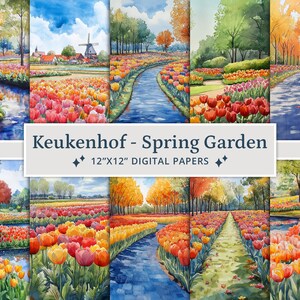 27 papeles digitales de acuarela para el jardín de primavera de Keukenhof, tulipanes de acuarela, Lisse, Países Bajos, paisajes primaverales, jardines de Keukenhof