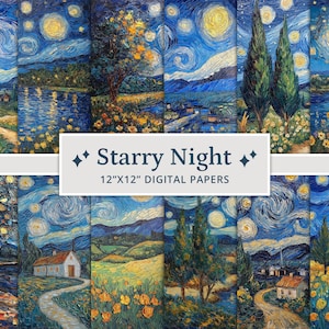 20 papeles digitales de noche estrellada, papel de álbum de recortes imprimible inspirado en Van Gogh, papel de álbum de recortes de noche estrellada, texturas de óleo sobre lienzo