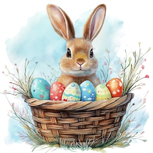 18 Cestini pasquali acquerellati con coniglietto, clipart di uova di Pasqua, uova di Pasqua dipinte a mano, coniglietto pasquale, coniglio, JPG di alta qualità