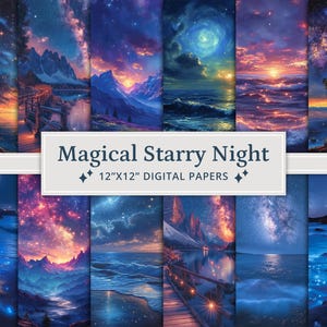 38 papeles digitales mágicos de la noche estrellada, fondo de textura del cielo nocturno, papel de álbum de recortes de galaxia, papel de álbum de recortes imprimible