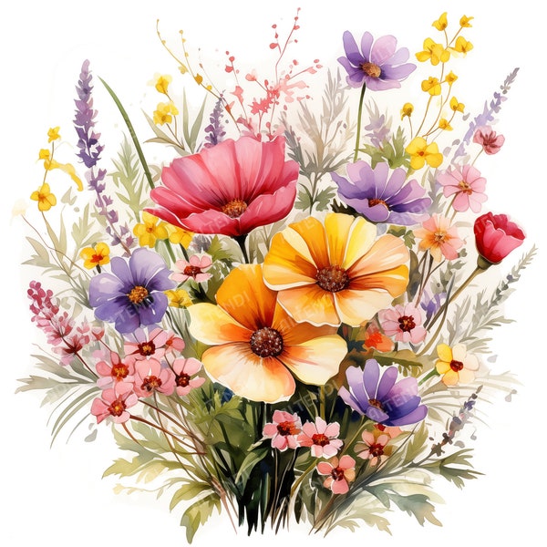 18 Wildflower bloembed clipart, wilde bloemen, afdrukbare aquarel clipart, hoogwaardige JPG's, papier ambachtelijke, junk Journal, digitale download