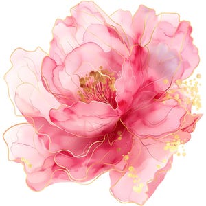 16 PNG de peonías rosas abstractas, flores de oro rosa, estampado de flores, acuarela imprimible, PNG transparentes, manualidades de papel