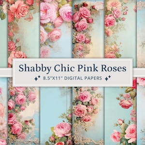 Paquet de 40 papiers pour carnet de notes shabby chic roses roses, kit d'éphémères shabby chic vintage, papier de scrapbooking romantique, pages numériques imprimables roses
