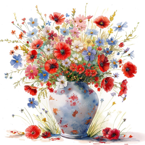 20 aquarel vazen met wilde bloemen, wilde bloemen in vaas, hoge kwaliteit JPG's, vaas met bloemen, wilde bloemenvaas, kleurrijke wilde bloemen