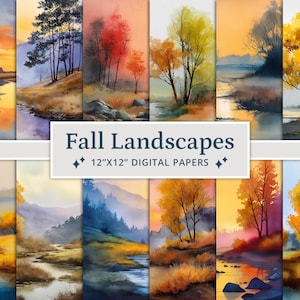 Könnte beinhalten: Eine Sammlung digitaler Papiere mit Aquarell-Herbstlandschaften. Die Bilder zeigen herbstliche Szenen mit Bäumen, Flüssen und Feldern in Orange-, Gelb- und Blautönen. Der Text "Fall Landscapes 12"x12" Digital Papers" ist auf einem weißen Rechteck zu sehen.