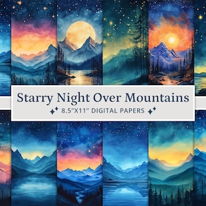 50 aquarel sterrennacht boven bergen digitaal papier, nachtelijke hemel textuur achtergrond, berglandschappen, afdrukbaar plakboekpapier