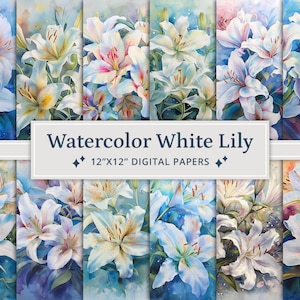 Watercolor White Lily Digital Paper: Floral Scrapbook Kit (Digital Download)